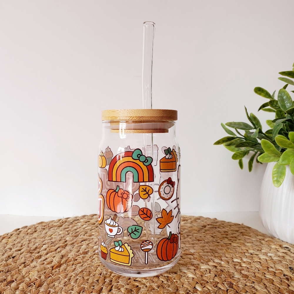 Hello Kitty Fall Pumpkin Spice Glass Tumbler With Glass Straw & Bamboo Lid 16oz - Picture 3 of 5
